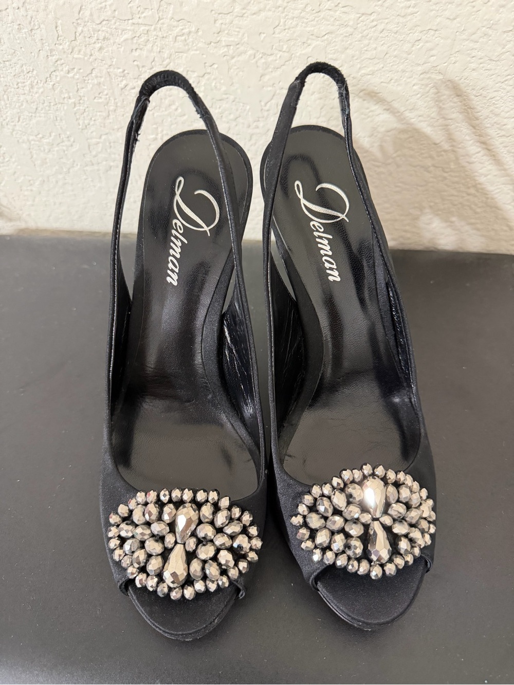 Delman Black satin Slingback heels crystal and beads embellished size 37 (7.5)